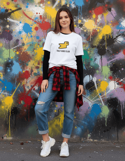 Taily Bird Club Streetwear Boxy T-Shirt worn by a model against a colorful graffiti background.
