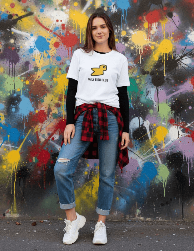 Taily Bird Club Streetwear Boxy T-Shirt worn by a model against a colorful graffiti background.