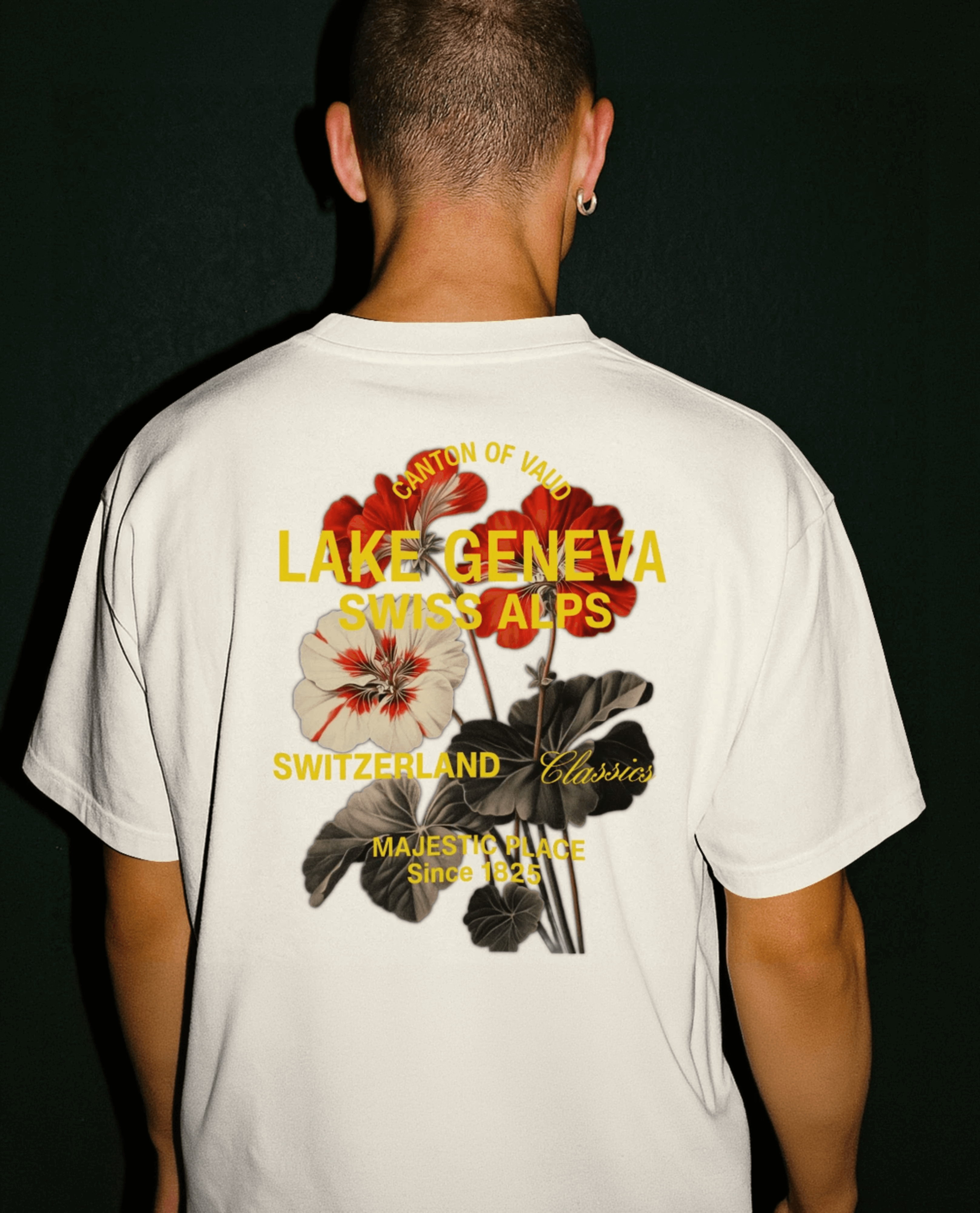 Lake Geneva floral oversized tee with graphic back print and minimal front logo, featuring Swiss Alps design.