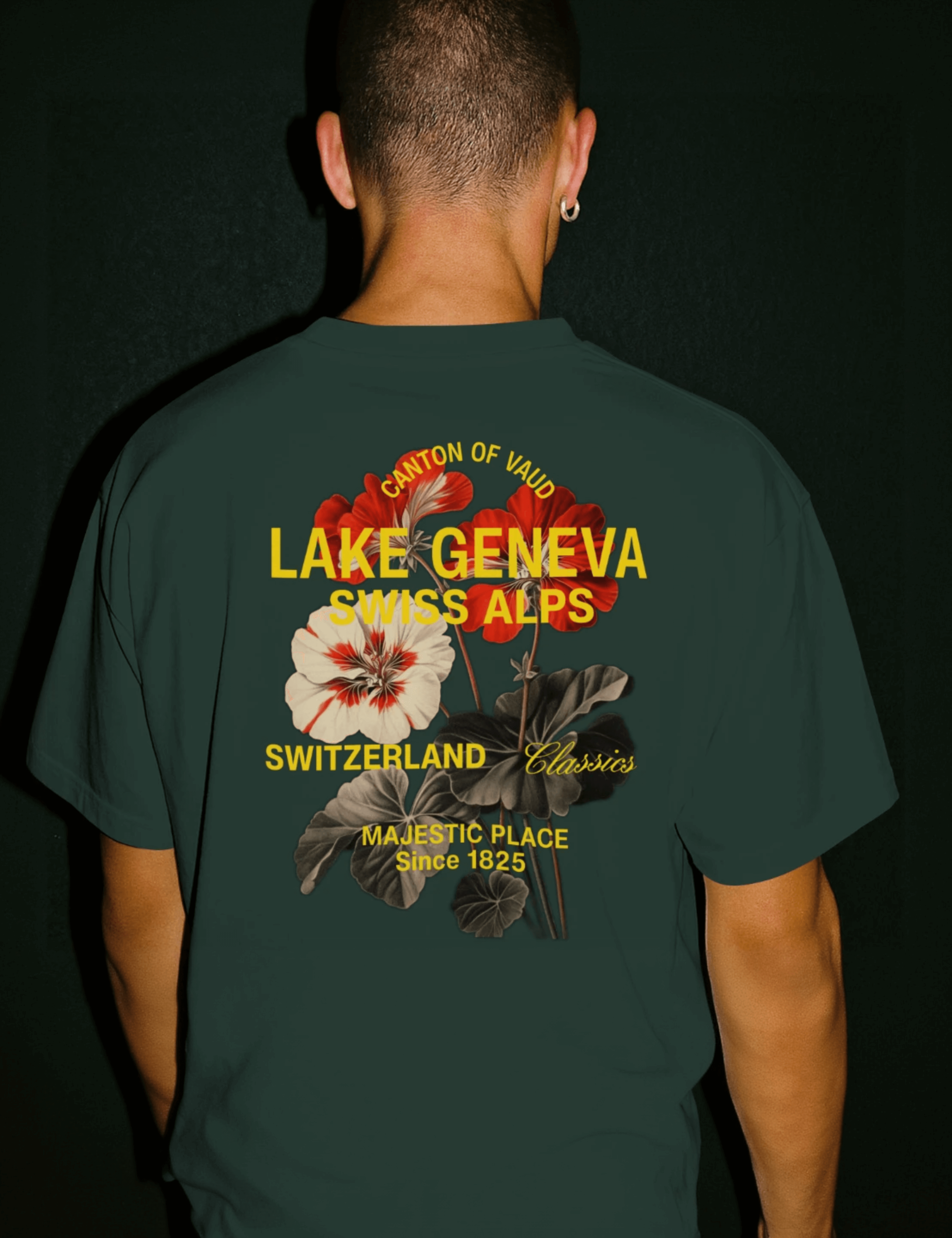 Lake Geneva Floral Oversized Tee with graphic back print featuring Swiss Alps and minimal front logo.