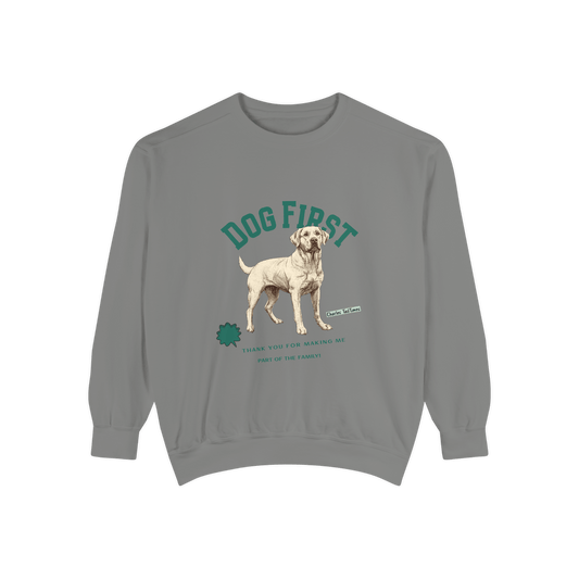 Gray "Dog First" illustration sweatshirt featuring a Labrador design with the text "Thank you for making me part of the family," along with the brand name Charles' TailTimes.