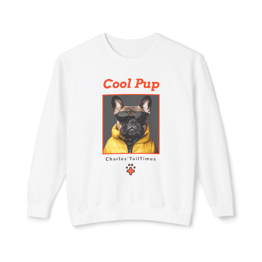 This "Cool Pup" sweatshirt design features a French Bulldog wearing sunglasses and a yellow jacket, with the brand name "Charles' TailTimes."