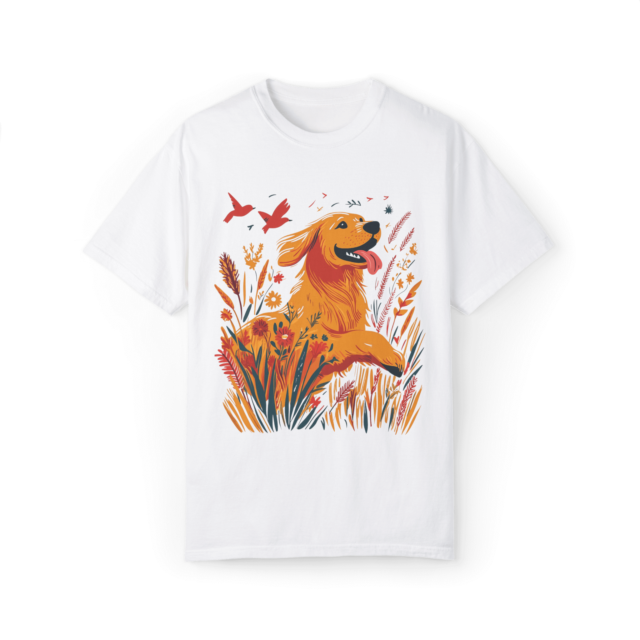 A vibrant illustration printed on a white T-shirt, featuring a golden retriever joyfully running through blooming wildflowers with two red birds flying in the sky, evoking a sense of nature and freedom.