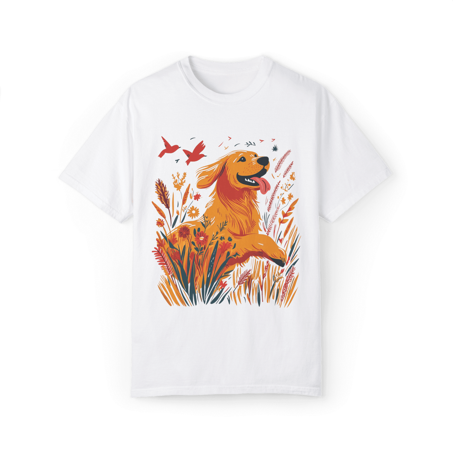 A vibrant illustration printed on a white T-shirt, featuring a golden retriever joyfully running through blooming wildflowers with two red birds flying in the sky, evoking a sense of nature and freedom.