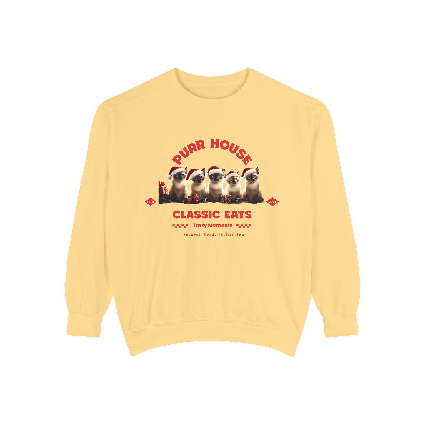 Cozy yellow sweatshirt featuring festive cats at Purr House Classic Eats, perfect for holiday gatherings.