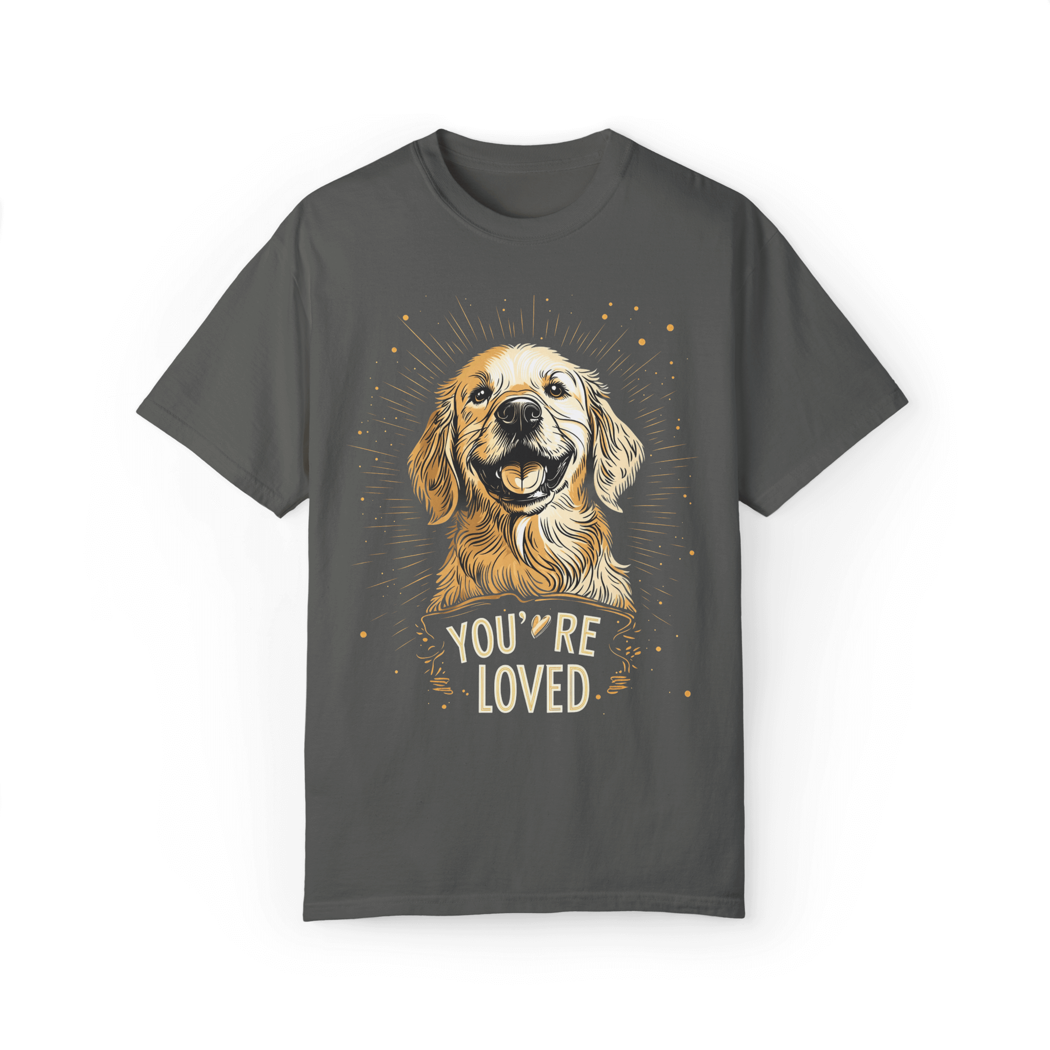 Gray T-shirt featuring a Golden Retriever design with the text 