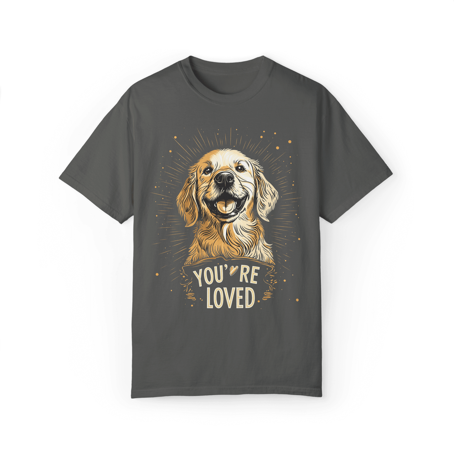 Gray T-shirt featuring a Golden Retriever design with the text "YOU'RE LOVED."