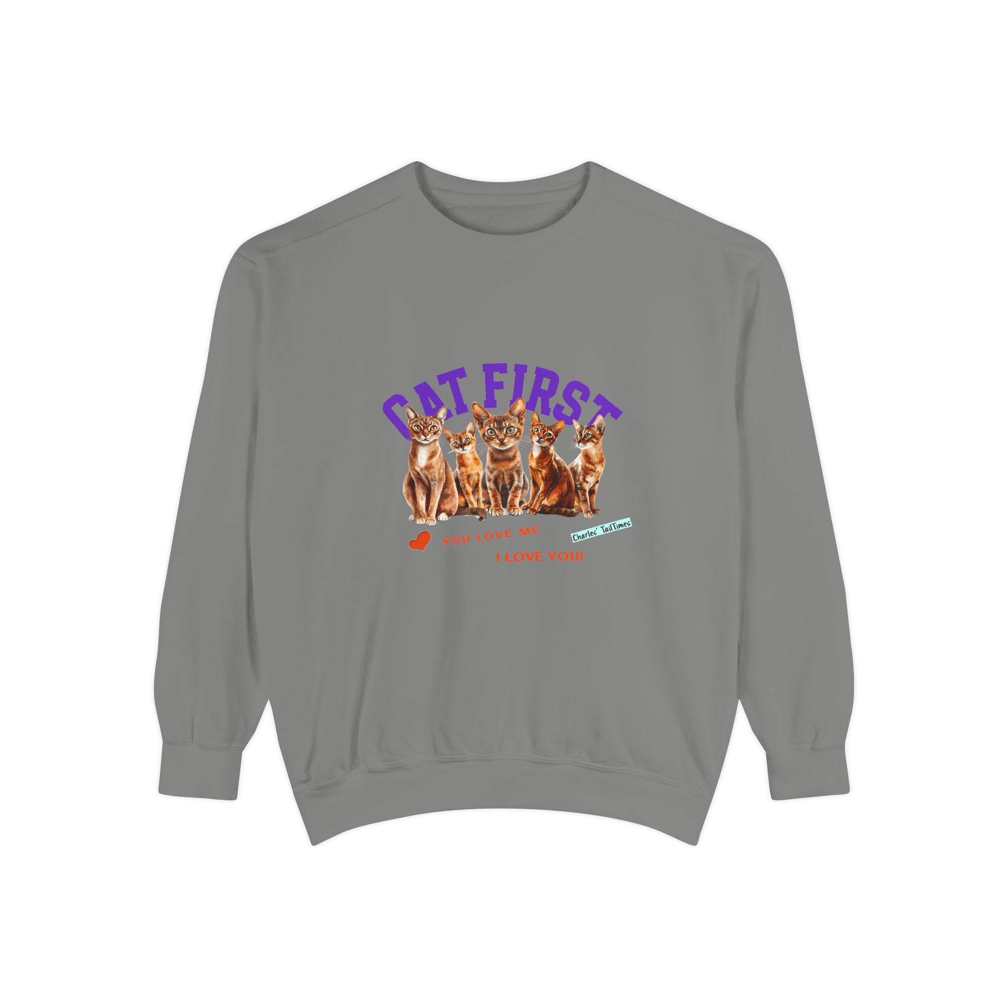 Gray sweatshirt featuring Abyssinian cat illustrations, with the text 