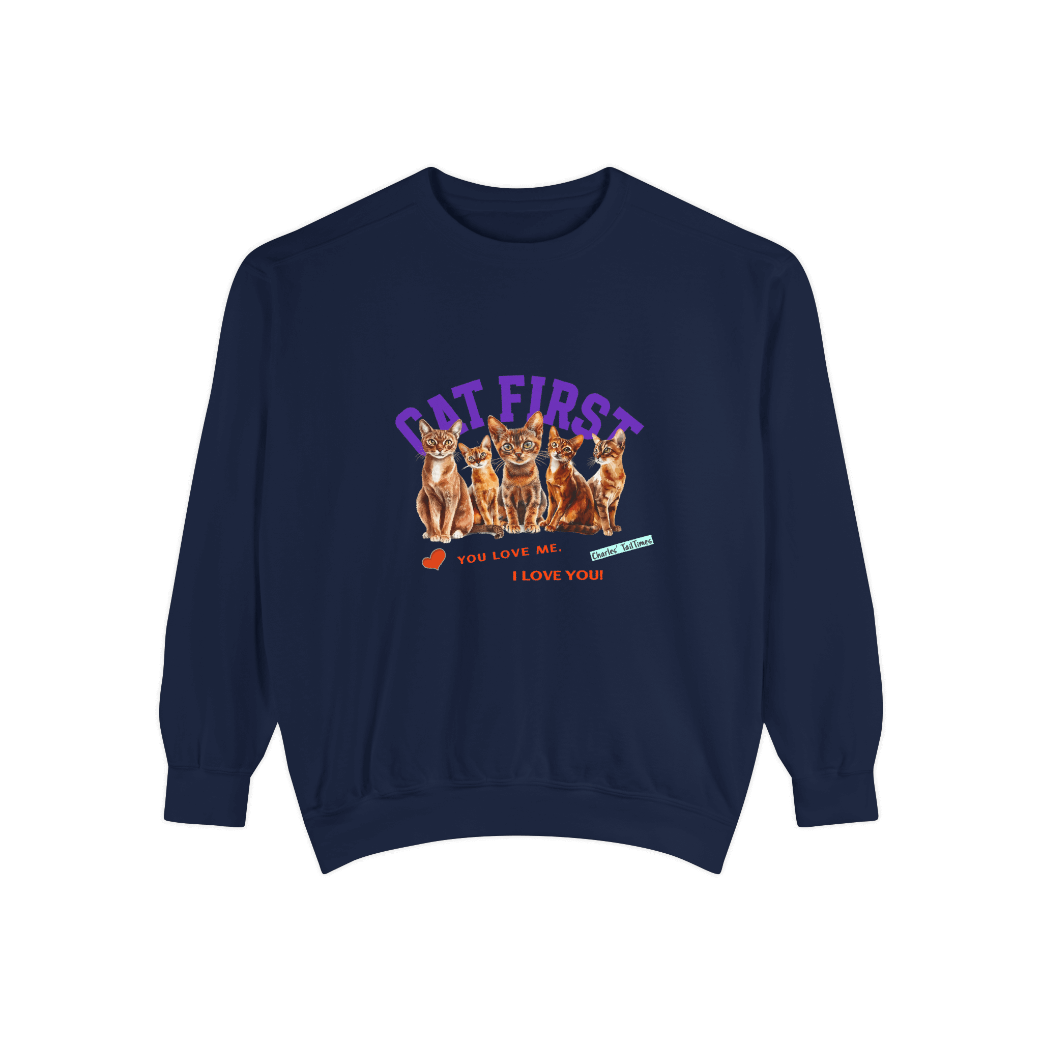 Navy blue sweatshirt featuring Abyssinian cat illustrations, with the text 