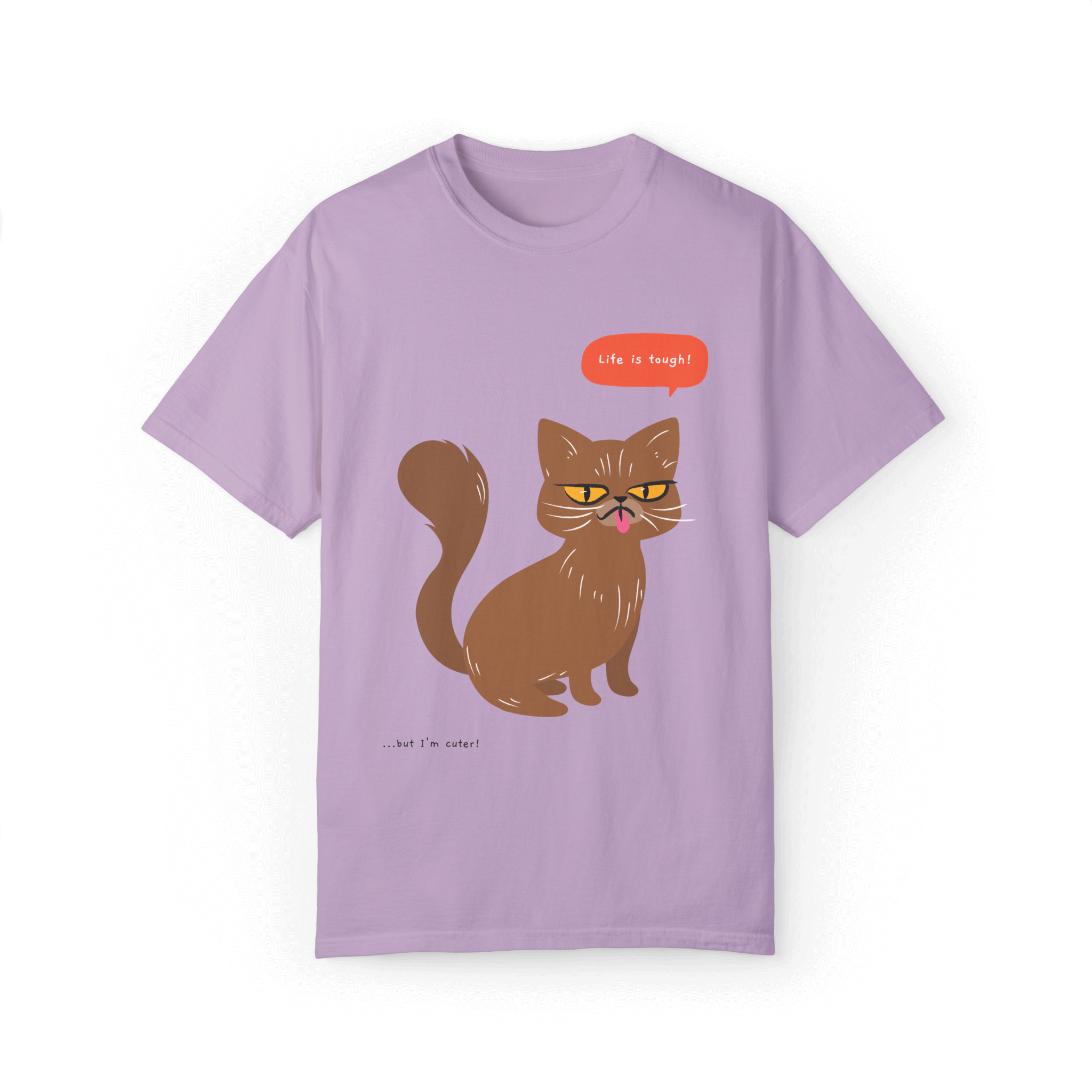 Purple T-shirt featuring a brown cat illustration with the phrase 'Life is tough!' and a humorous note '...but I'm cuter!