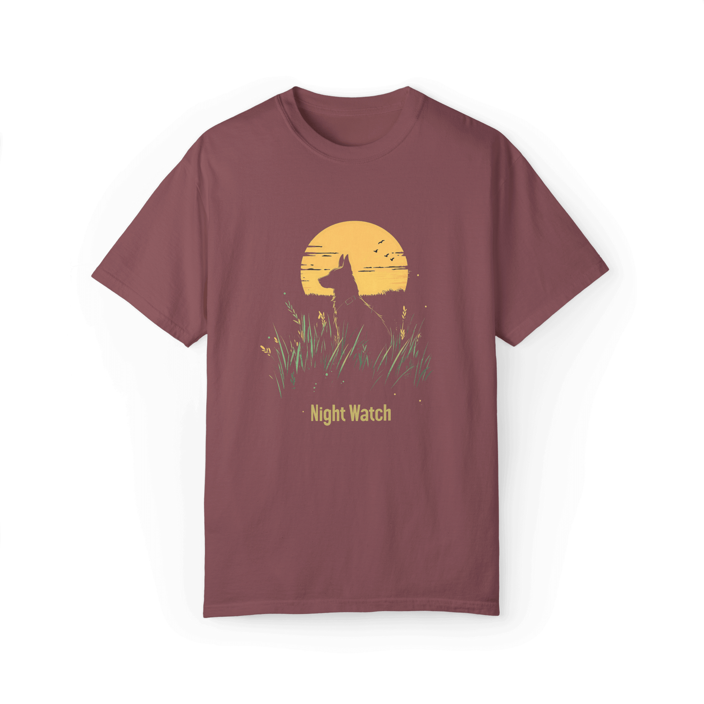 This is a T-shirt featuring the "Night Watch" design, showcasing a dog keeping vigil in tall grass under a full moon. The dark red base complements the intricate details and colors of the artwork, creating a mysterious and serene vibe.