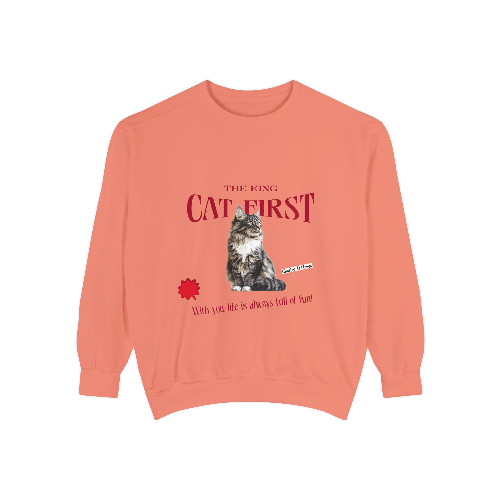 Coral sweatshirt featuring a Maine Coon cat illustration with the text 