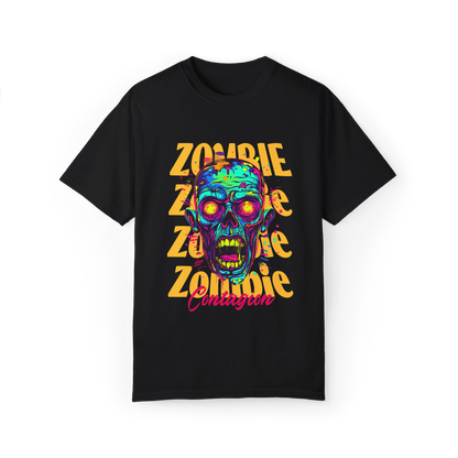 Zombie Contagion unisex t-shirt featuring a colorful zombie graphic, perfect for horror fans and comfort wear.