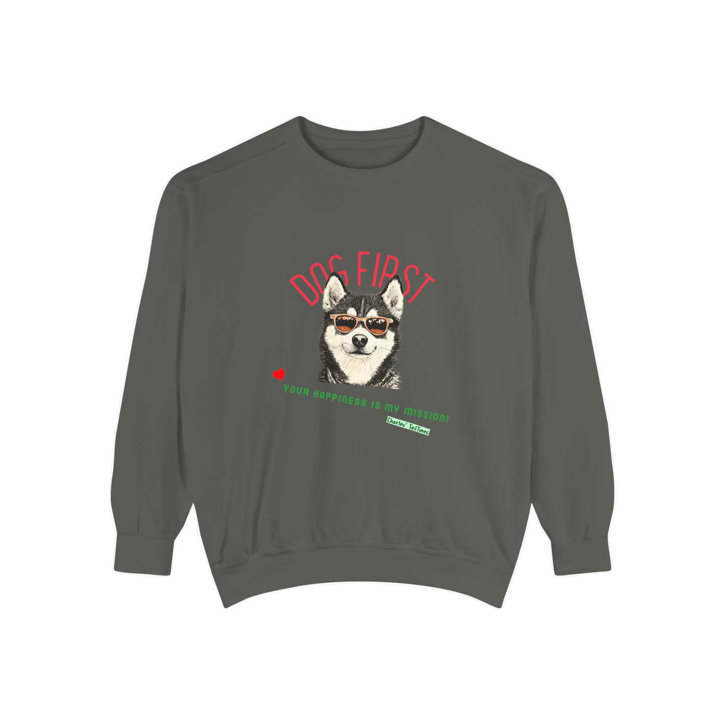 Gray "Dog First" illustration sweatshirt featuring a Husky design with sunglasses, set against a solid black background.