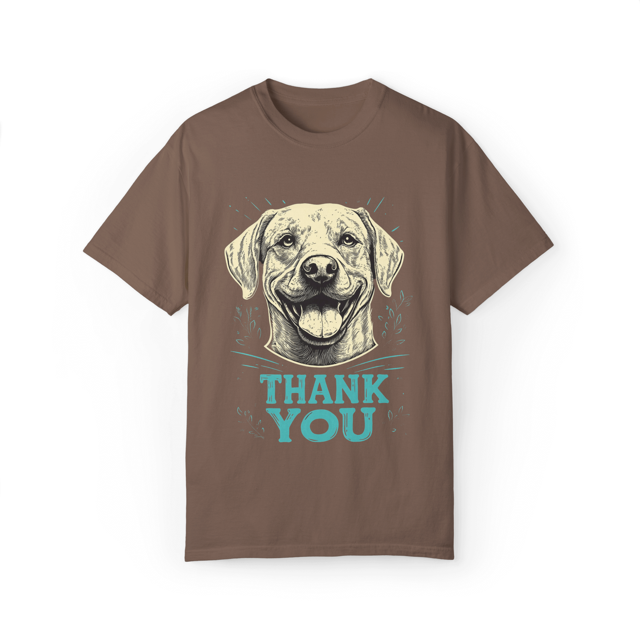 A brown T-shirt featuring a smiling dog illustration with the text 