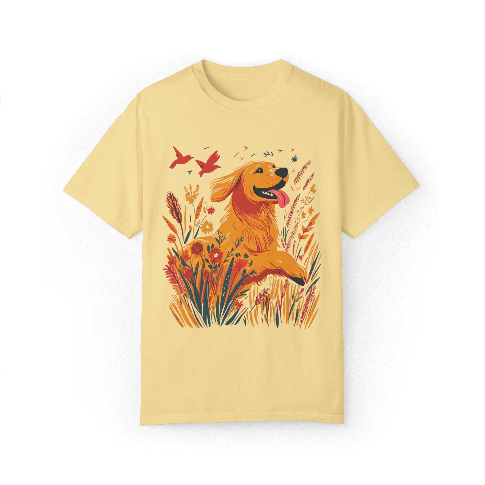 A light yellow T-shirt featuring a vibrant illustration of a golden retriever joyfully running through blooming wildflowers, with two red birds soaring in the sky, evoking a sense of nature and freedom.