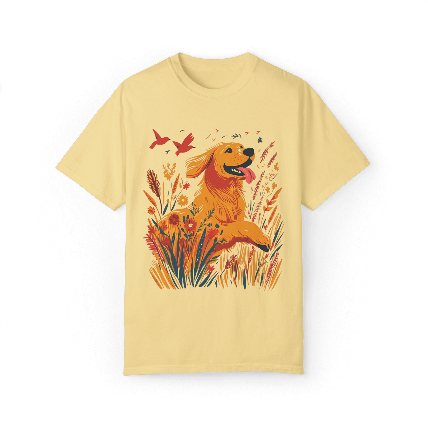 A light yellow T-shirt featuring a vibrant illustration of a golden retriever joyfully running through blooming wildflowers, with two red birds soaring in the sky, evoking a sense of nature and freedom.