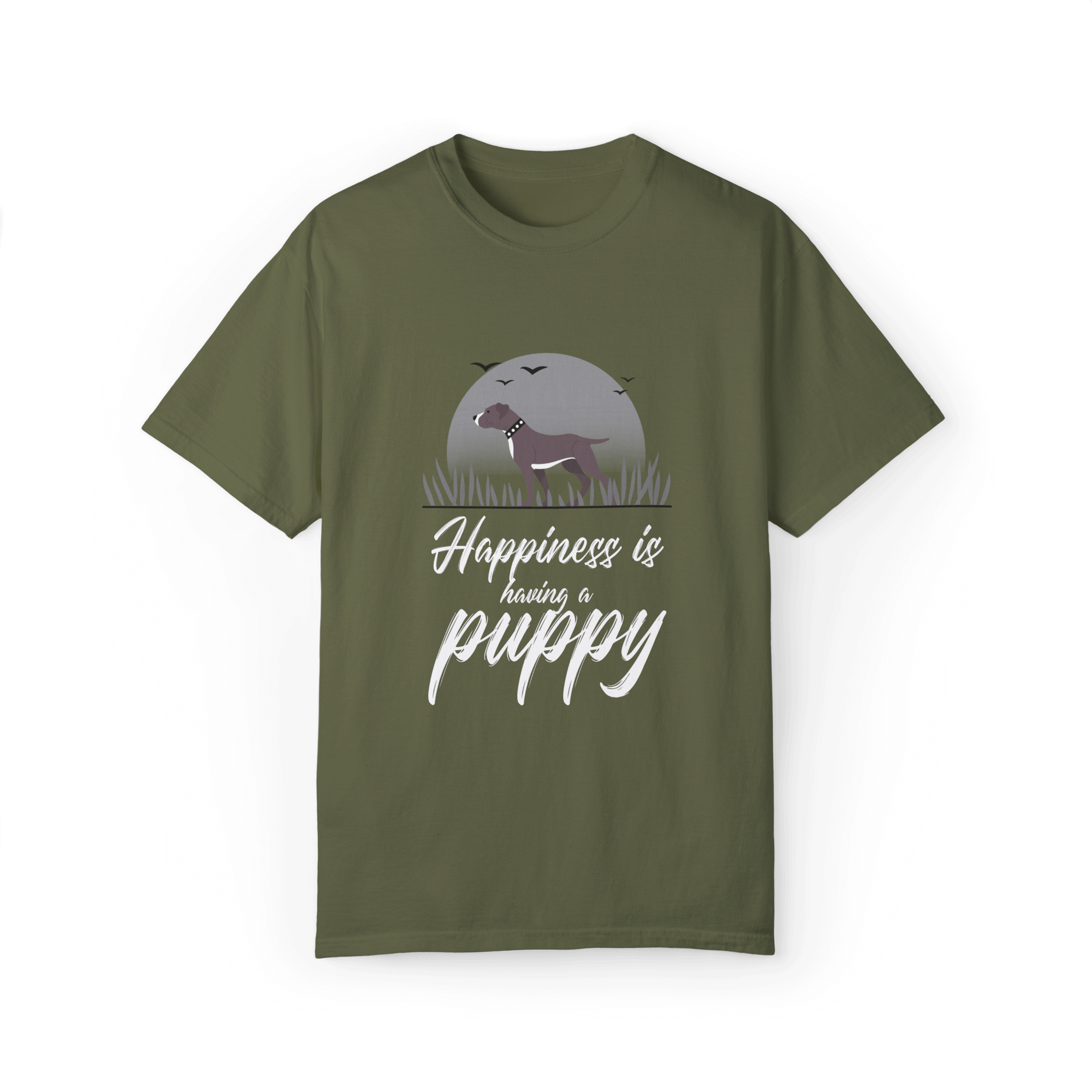 Olive green T-shirt with a Pitbull puppy design under a gray moonlit background, featuring white text 'Happiness is having a puppy,' ideal for dog enthusiasts.