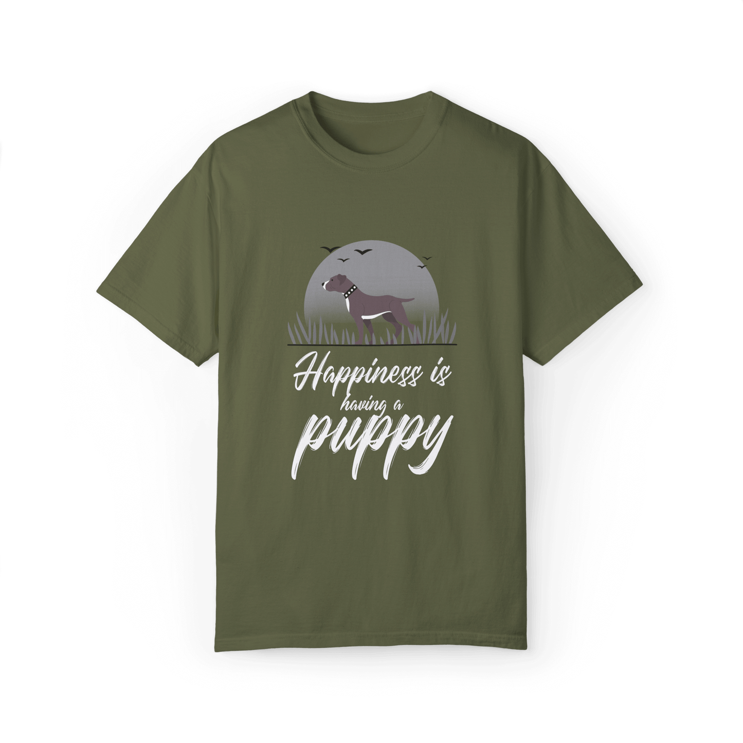 Olive green T-shirt with a Pitbull puppy design under a gray moonlit background, featuring white text 'Happiness is having a puppy,' ideal for dog enthusiasts.