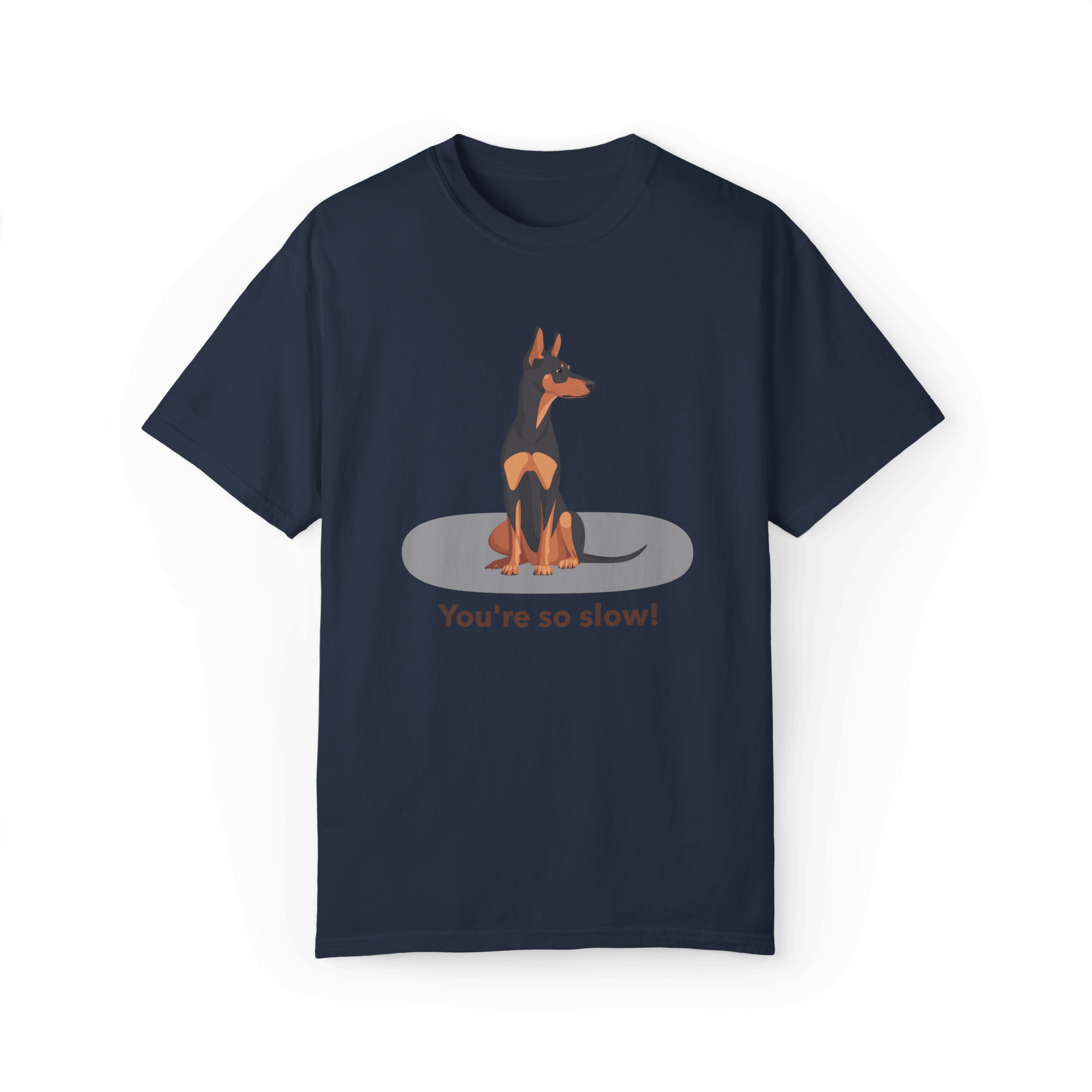 A navy blue T-shirt featuring a cartoon Doberman illustration with the humorous text 