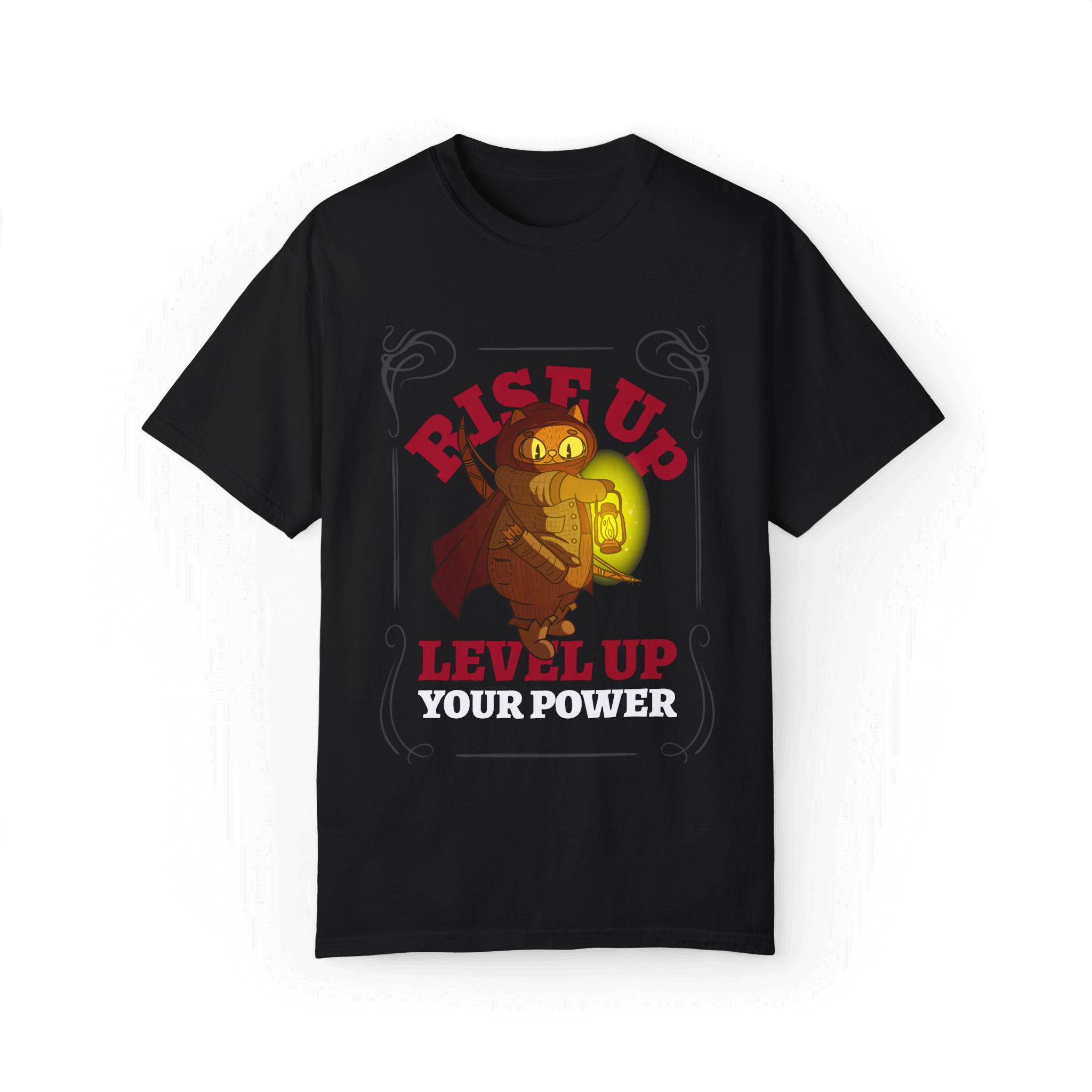 Black T-shirt featuring a warrior cat holding a glowing lantern design with the text 'RISE UP, LEVEL UP YOUR POWER' in bold letters.