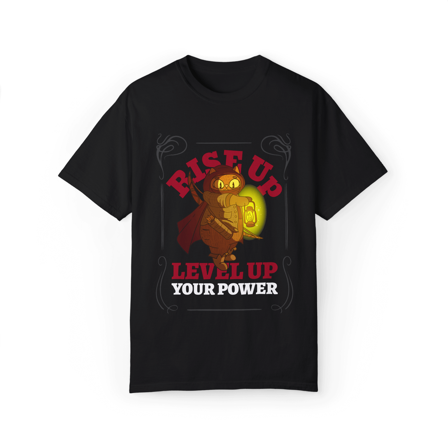 Black T-shirt featuring a warrior cat holding a glowing lantern design with the text 'RISE UP, LEVEL UP YOUR POWER' in bold letters.