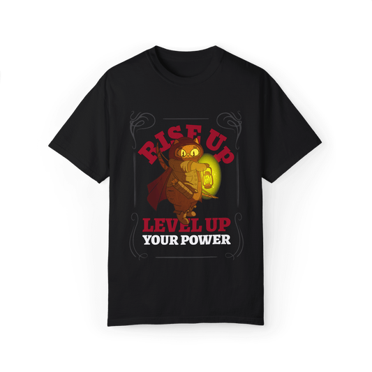 Black T-shirt featuring a warrior cat holding a glowing lantern design with the text 'RISE UP, LEVEL UP YOUR POWER' in bold letters.