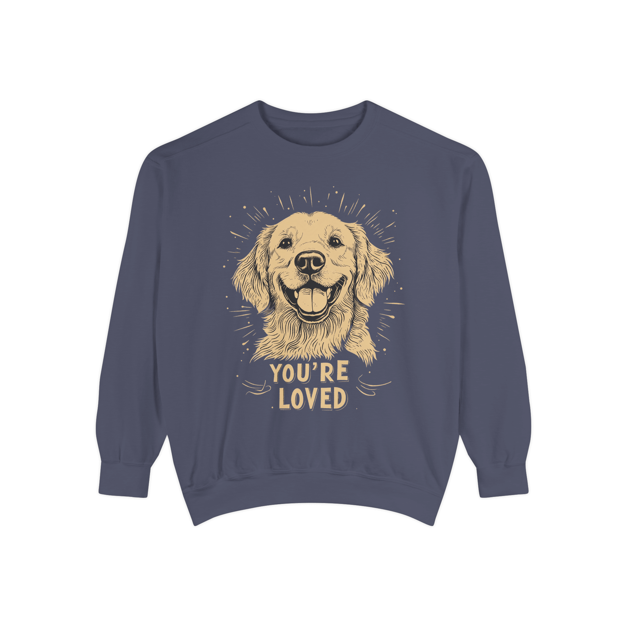 A navy crewneck sweatshirt featuring a smiling golden retriever illustration and the text 