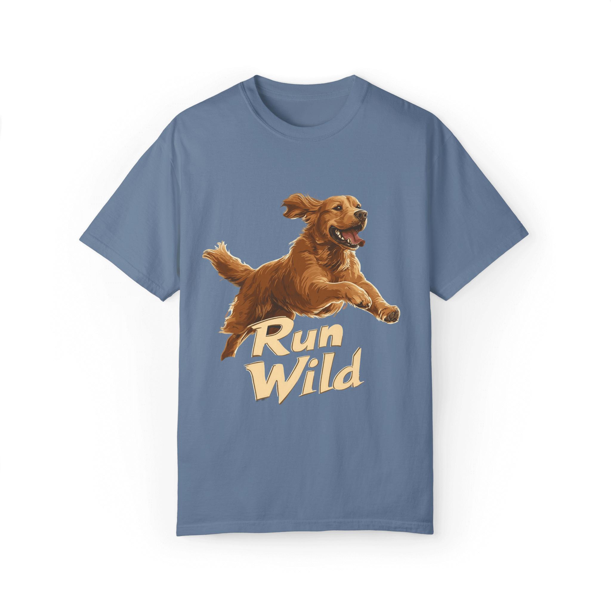 A sky-blue T-shirt featuring a lively running Golden Retriever with the text 