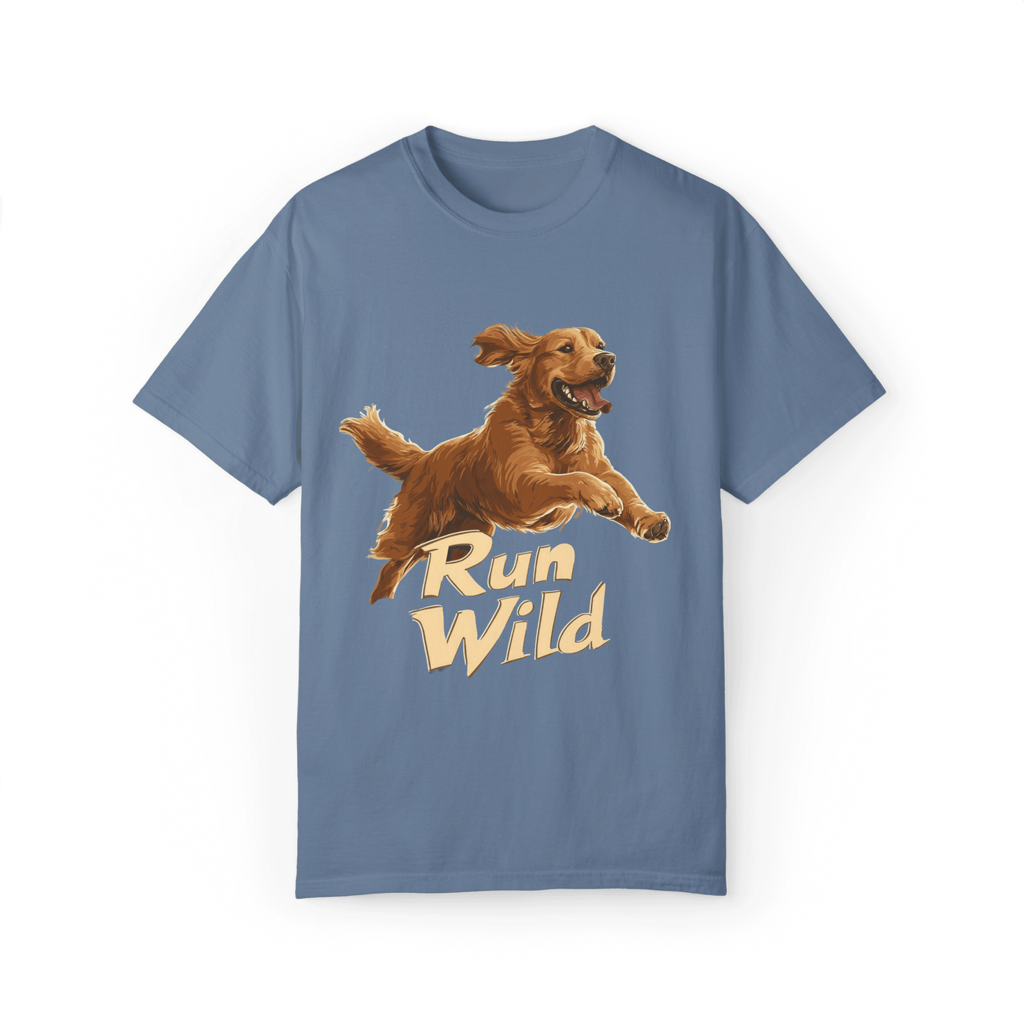 A sky-blue T-shirt featuring a lively running Golden Retriever with the text "Run Wild," exuding a sense of nature and freedom.