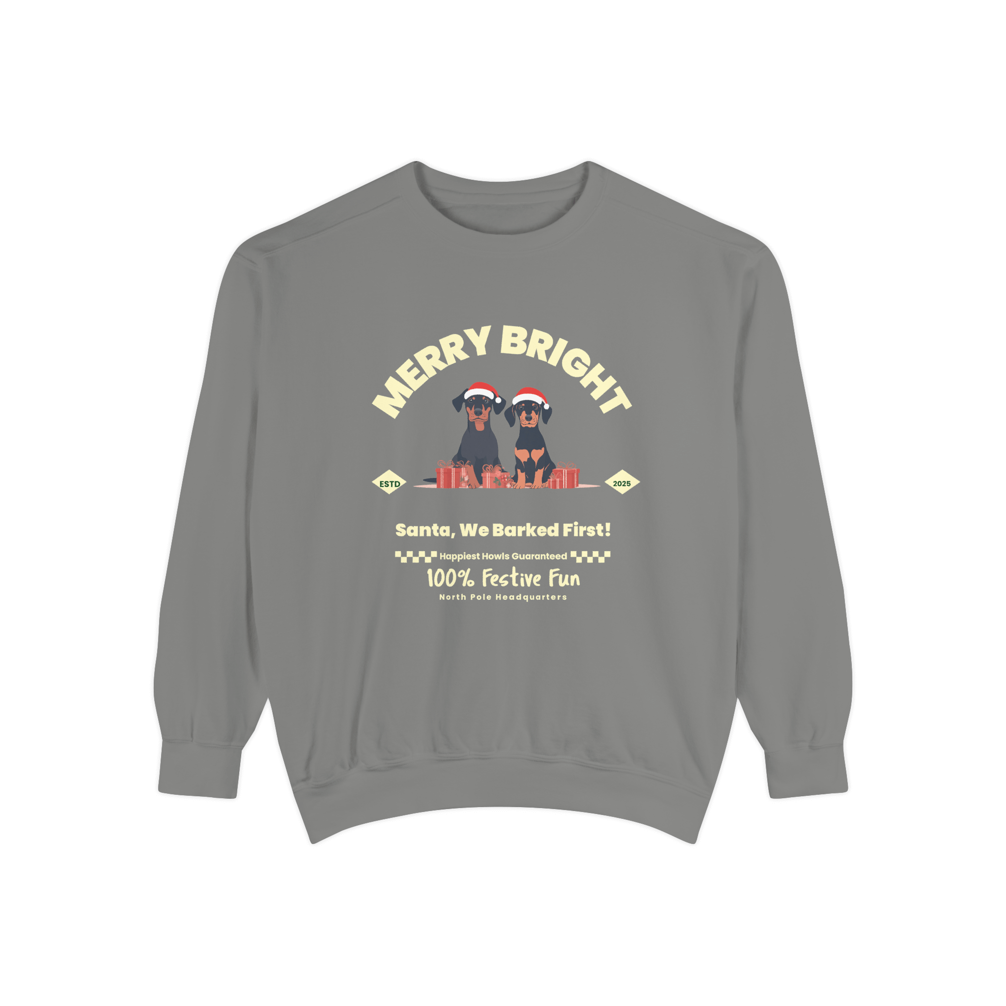 A gray Christmas-themed sweatshirt featuring the phrase 