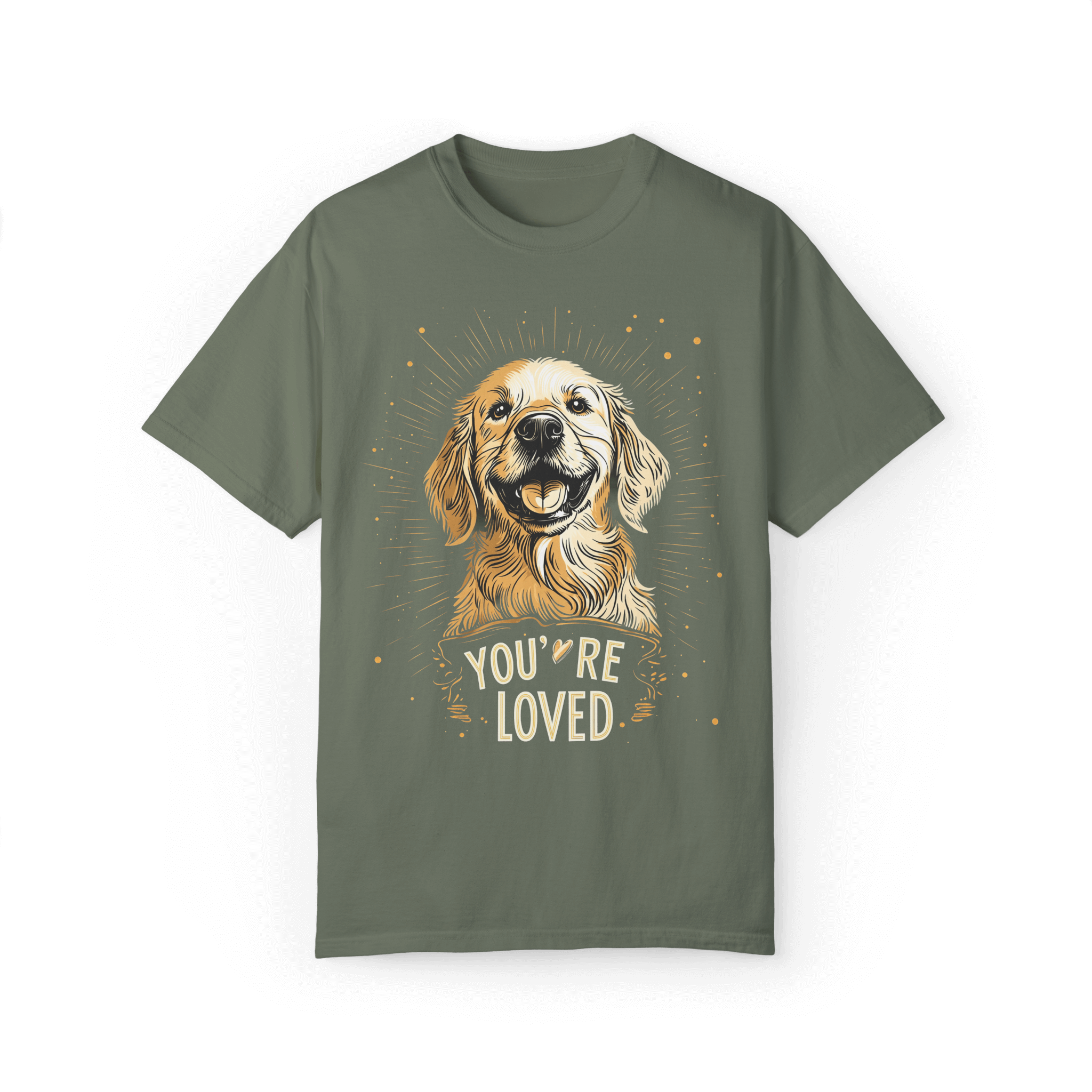 Light green T-shirt featuring a smiling Golden Retriever illustration with the text 