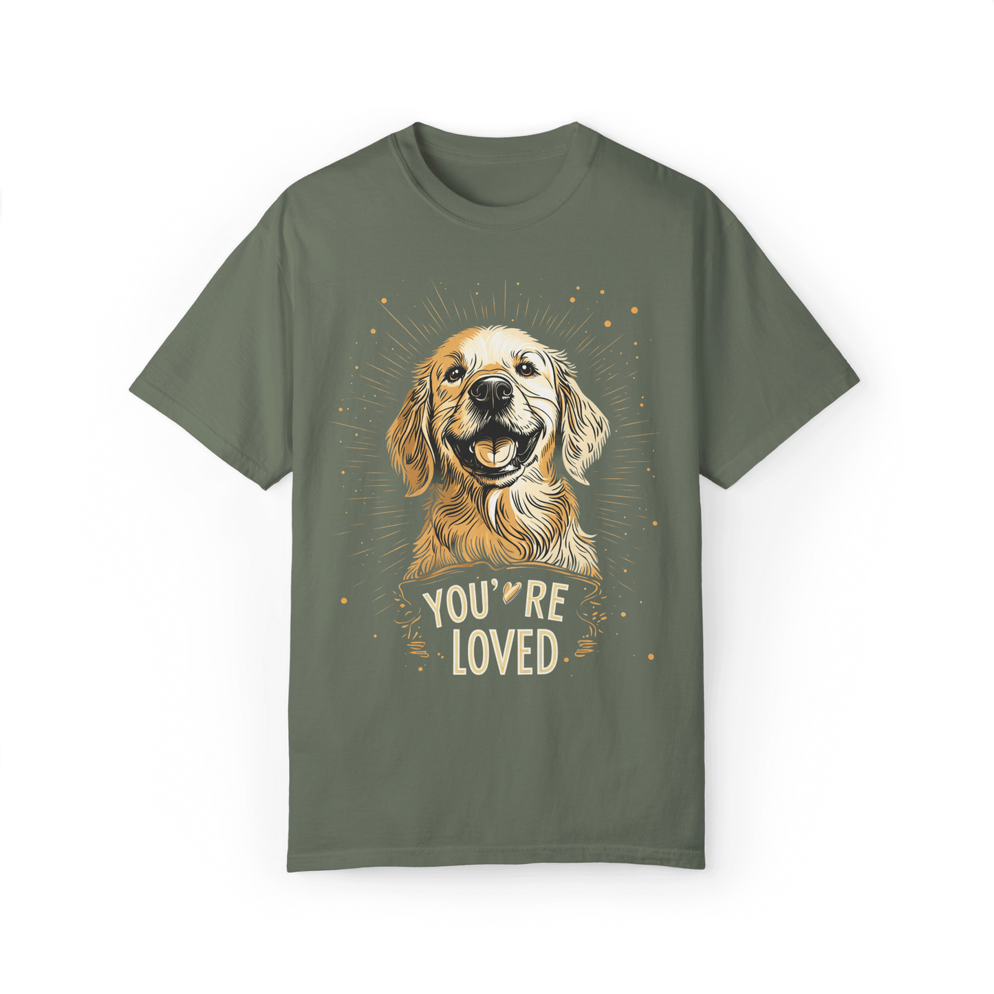 Light green T-shirt featuring a smiling Golden Retriever illustration with the text "YOU'RE LOVED."