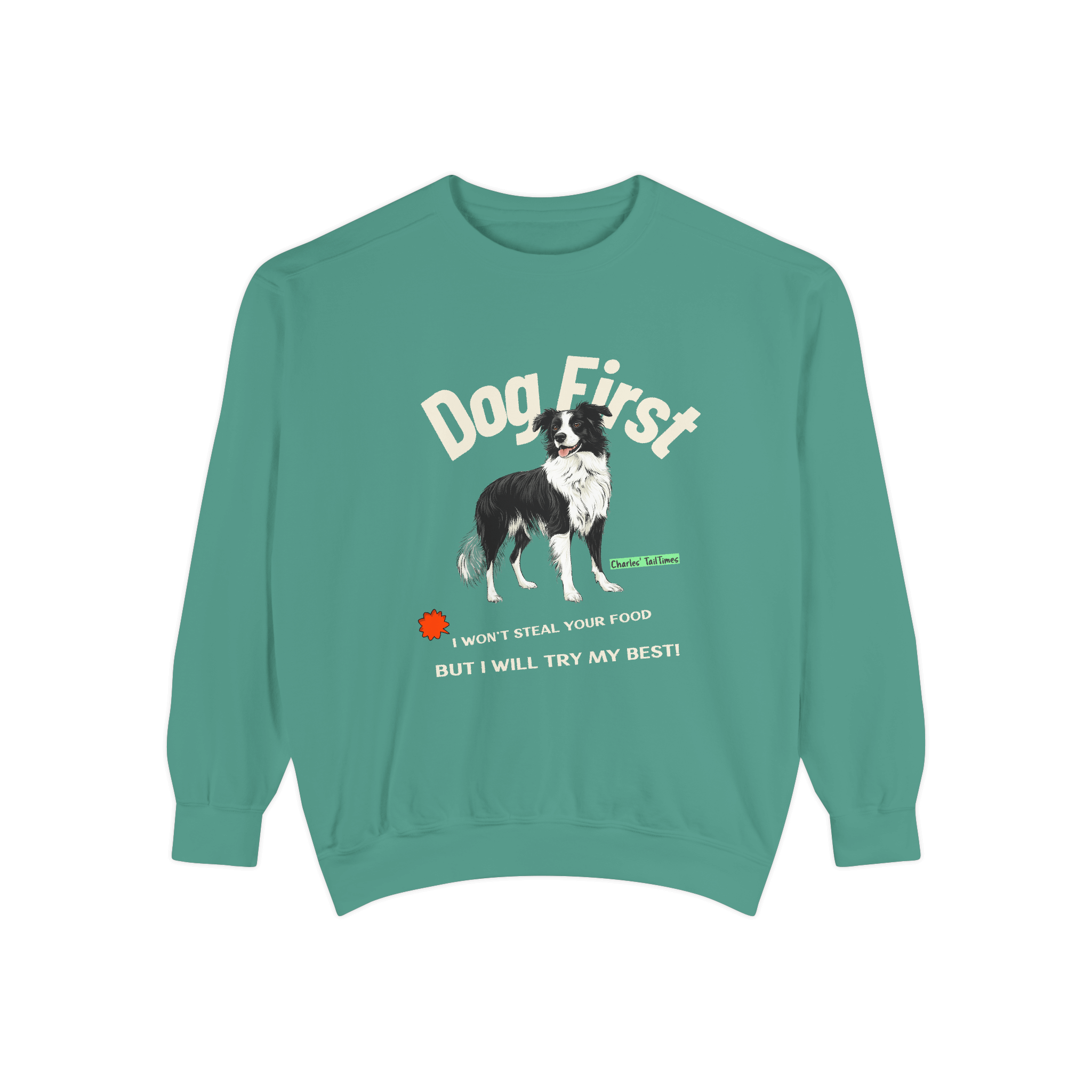 Green crewneck sweatshirt featuring the text 