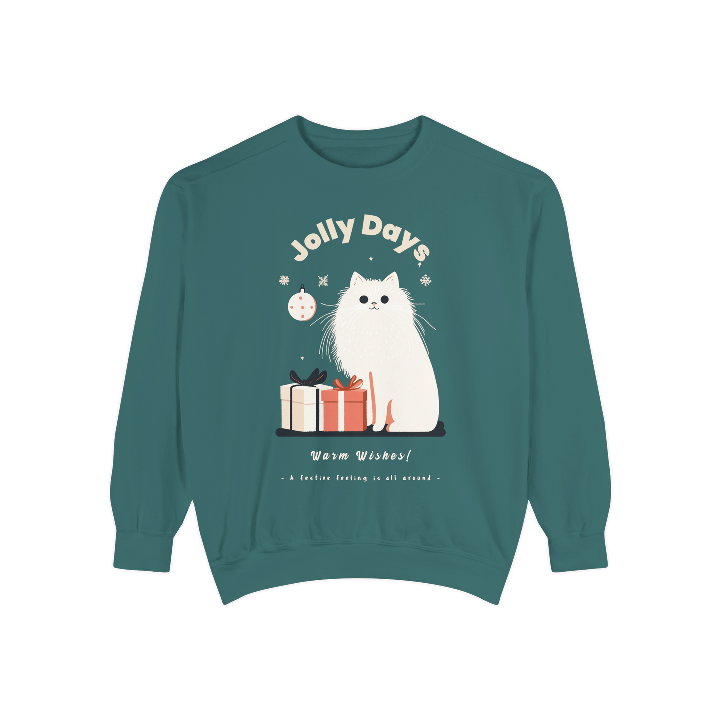 Green Christmas-themed sweatshirt featuring the phrase "Jolly Days" with a white cat illustration, gift boxes, and the text "Warm Wishes!" creating a cozy festive vibe.