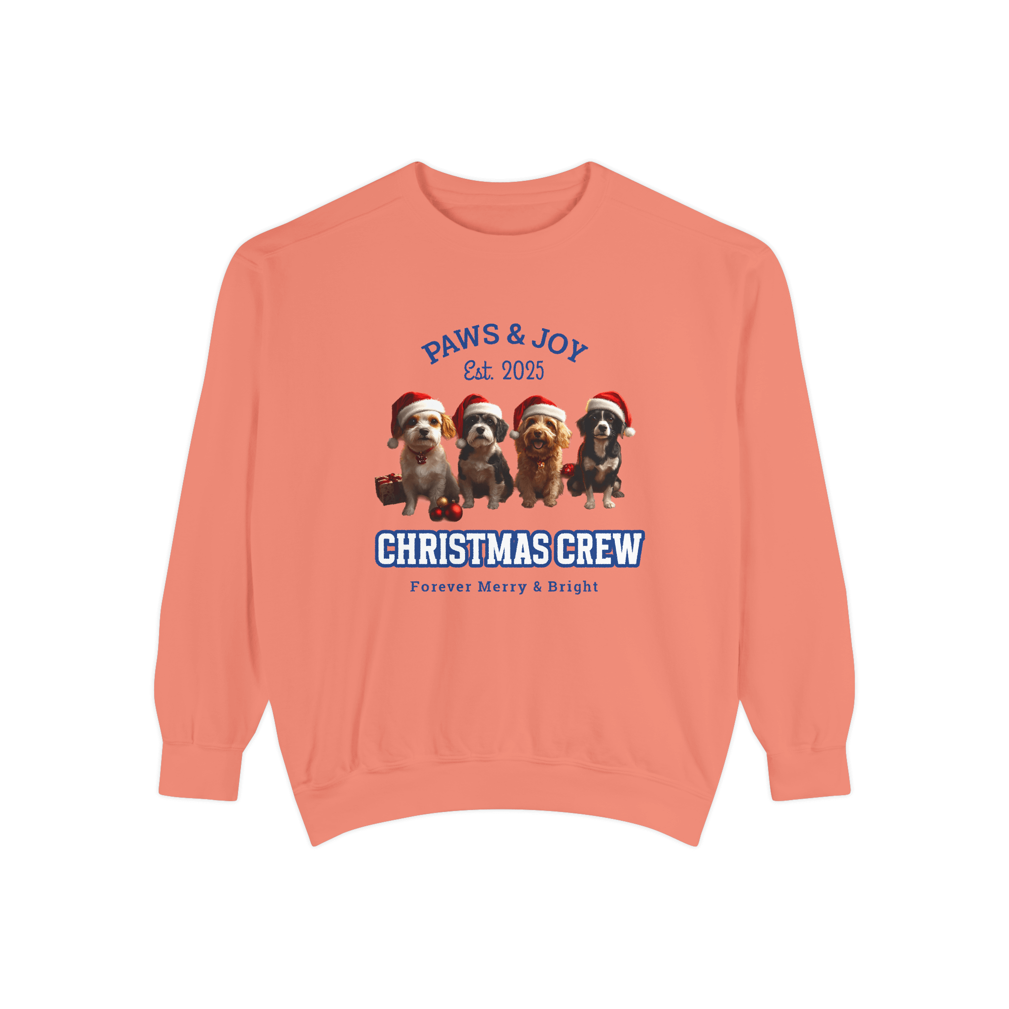 Orange Christmas-themed sweatshirt featuring 