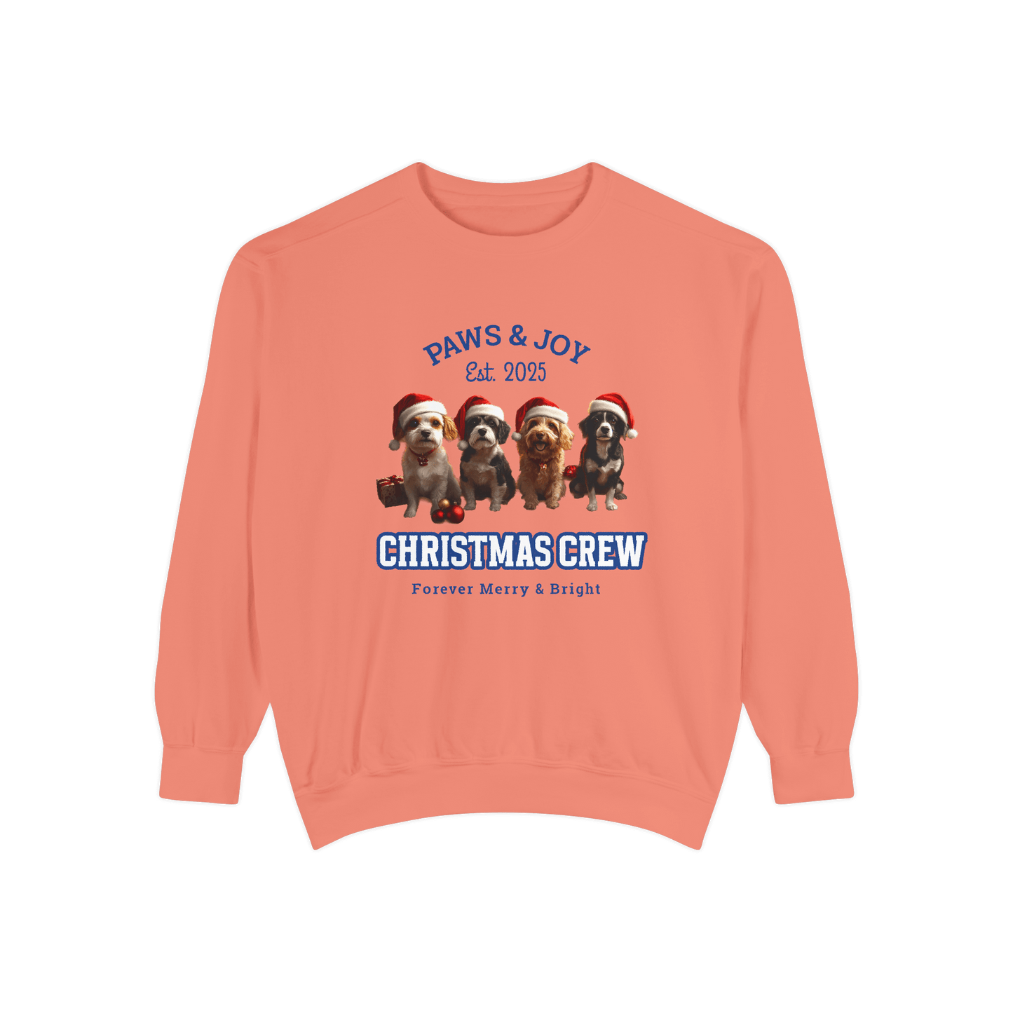 Orange Christmas-themed sweatshirt featuring "Christmas Crew" text and illustrations of four dogs wearing Santa hats, showcasing a festive vibe.