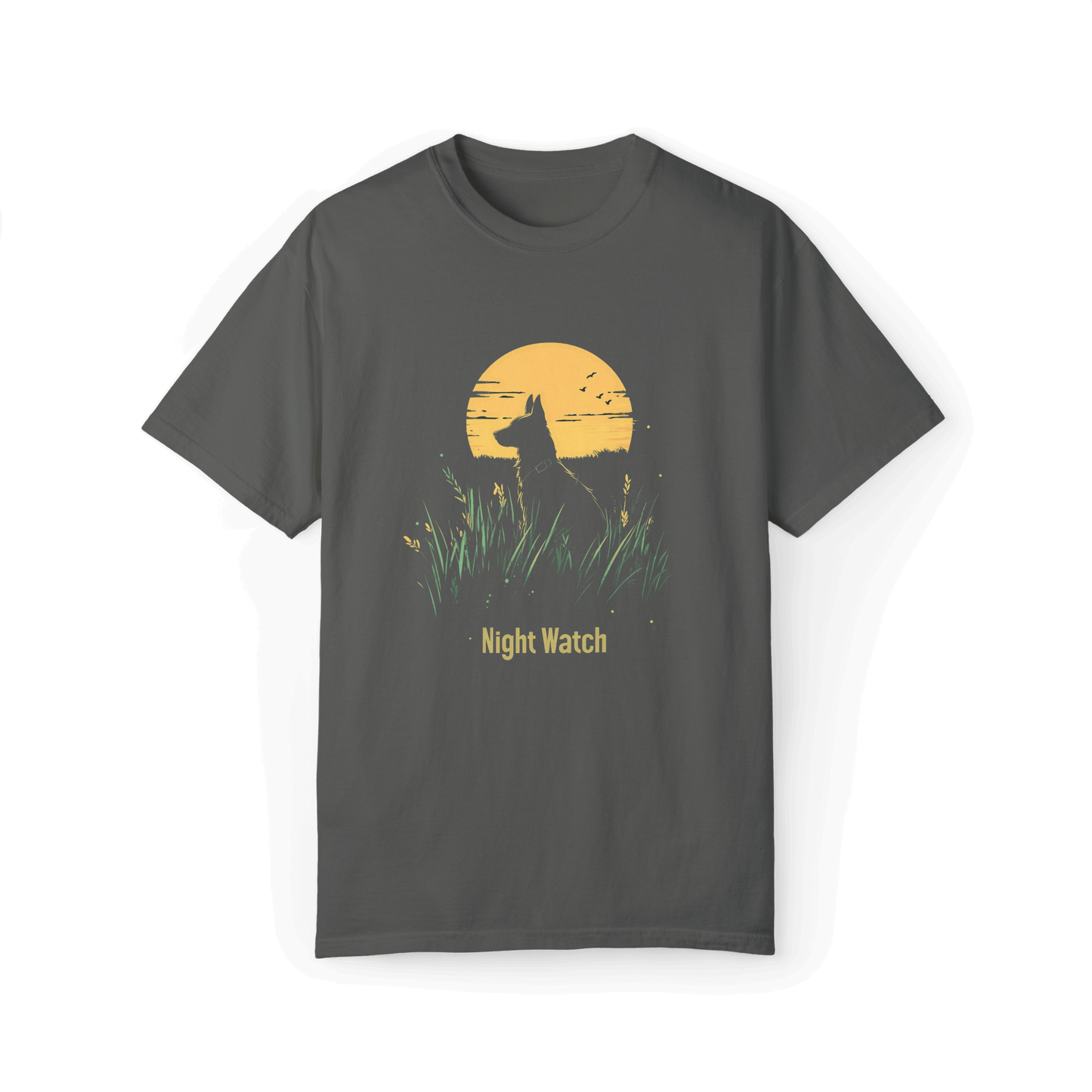 This "Night Watch" T-shirt features a dog keeping watch in the grass under the moonlight, evoking a sense of calm and security. The deep gray base enhances the contrast, making the design stand out beautifully.