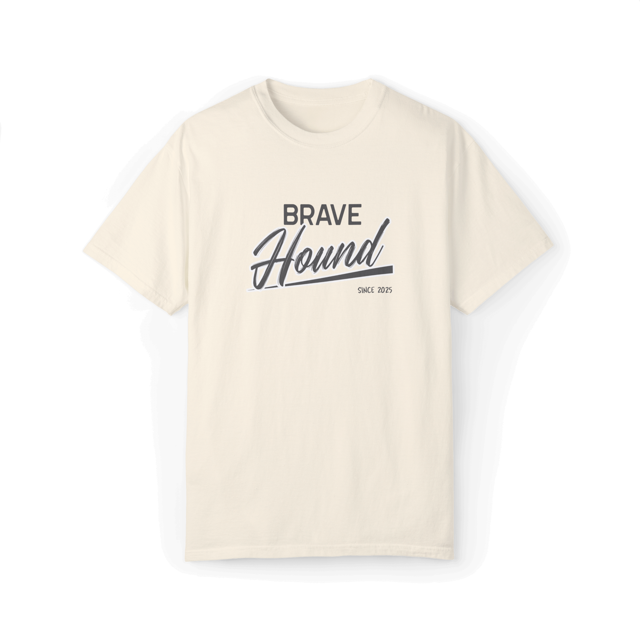 A beige T-shirt with the 'Brave Hound' logo design in bold typography and clean lines, perfect for casual wear.