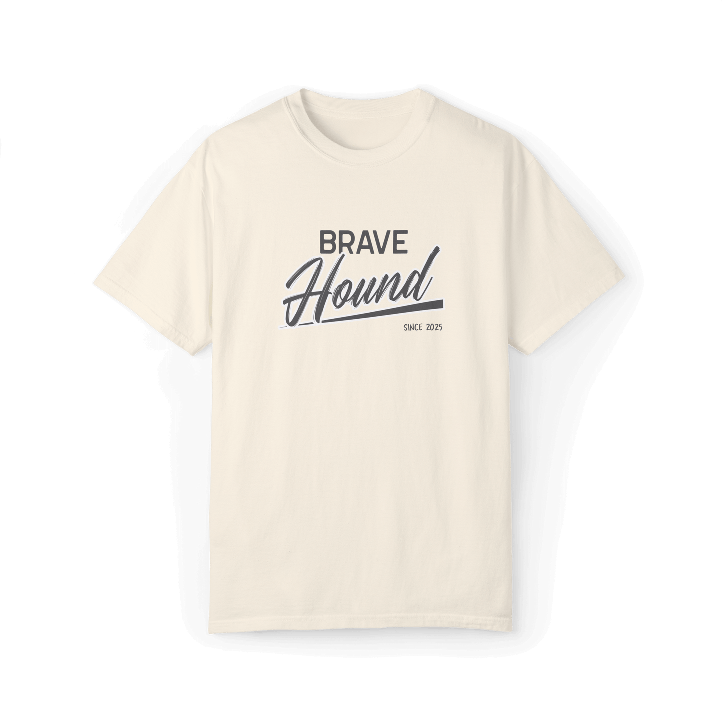 A beige T-shirt with the 'Brave Hound' logo design in bold typography and clean lines, perfect for casual wear.