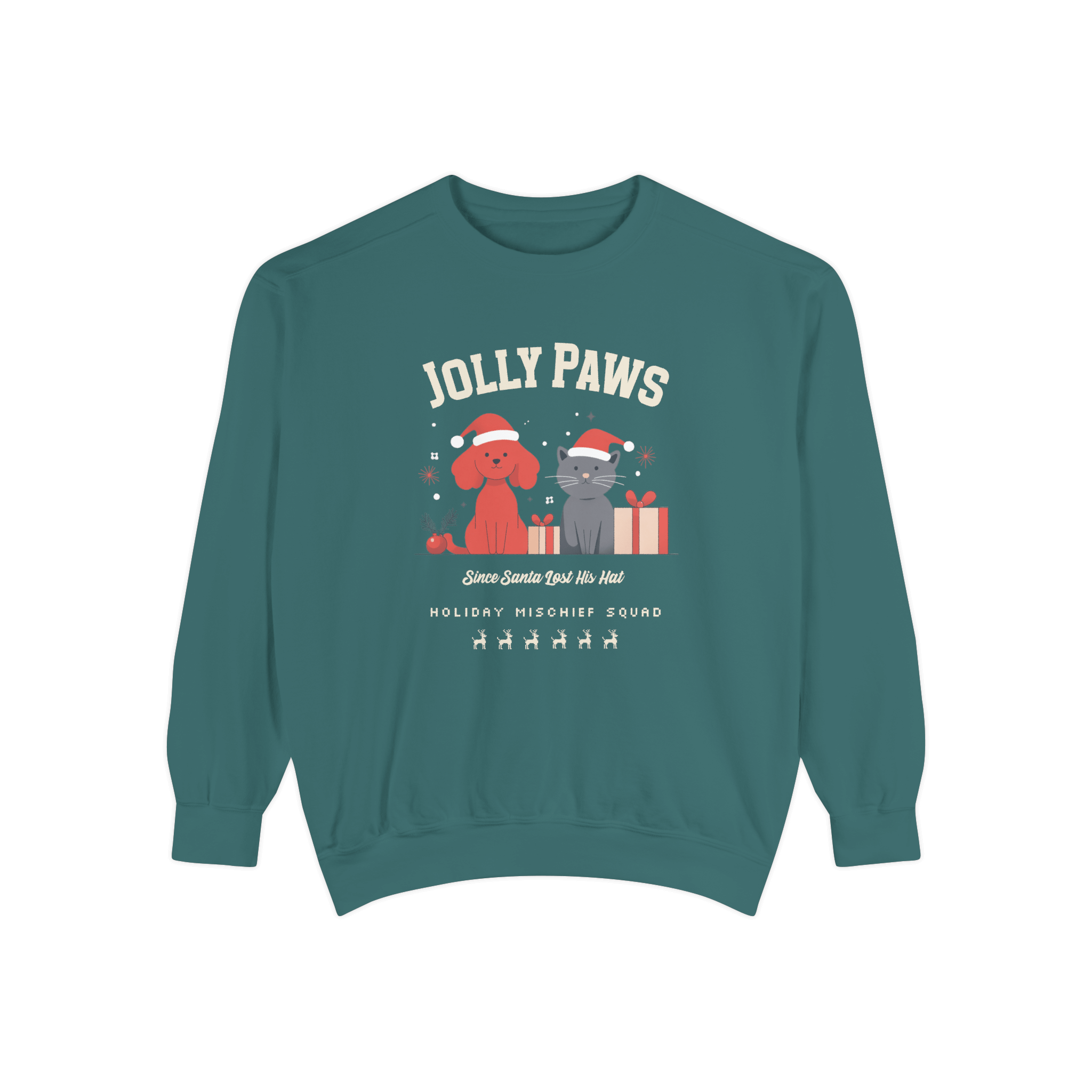 Jolly Paws sweatshirt featuring a dog and cat in Santa hats, perfect for Christmas celebrations and pet lovers.