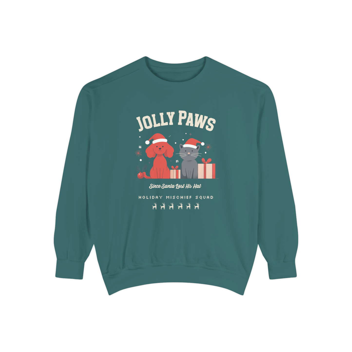 Jolly Paws sweatshirt featuring a dog and cat in Santa hats, perfect for Christmas celebrations and pet lovers.