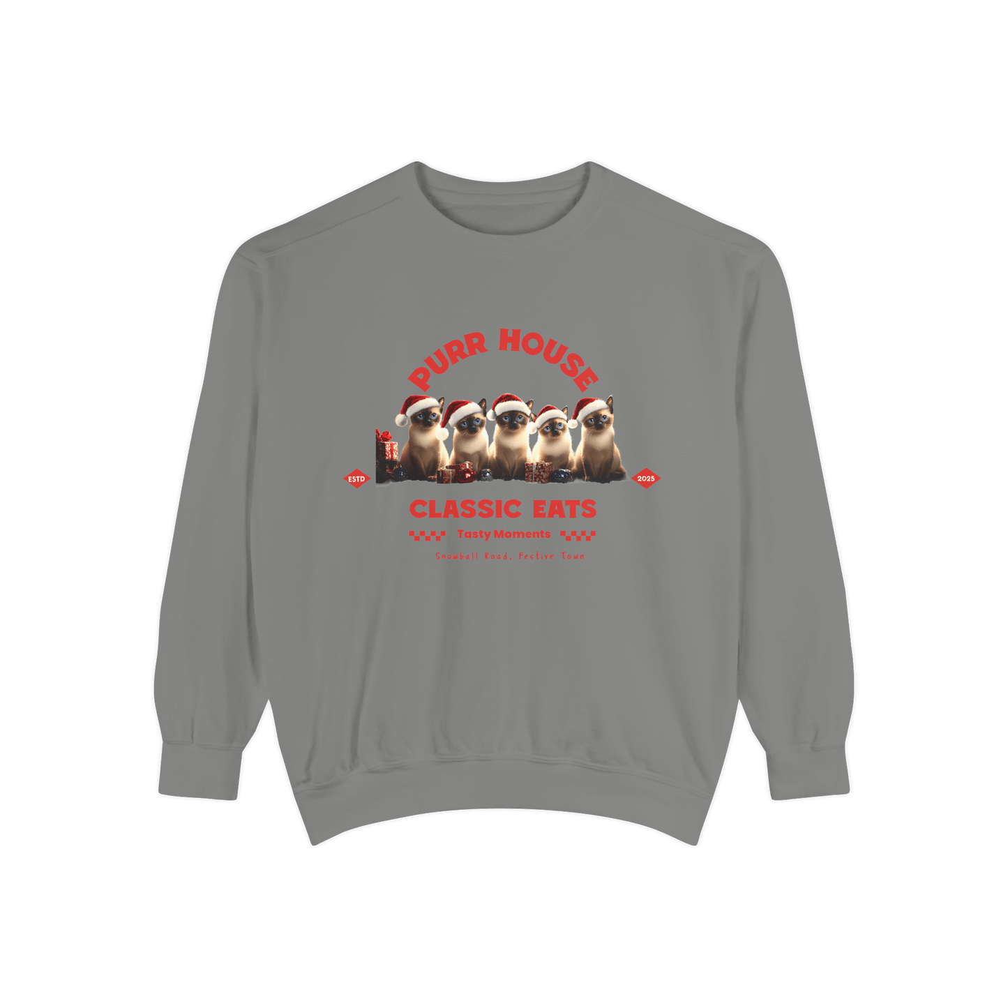 Grey sweatshirt featuring Siamese cats in Santa hats and "Purr House Classic Eats" for cozy holiday cheer.