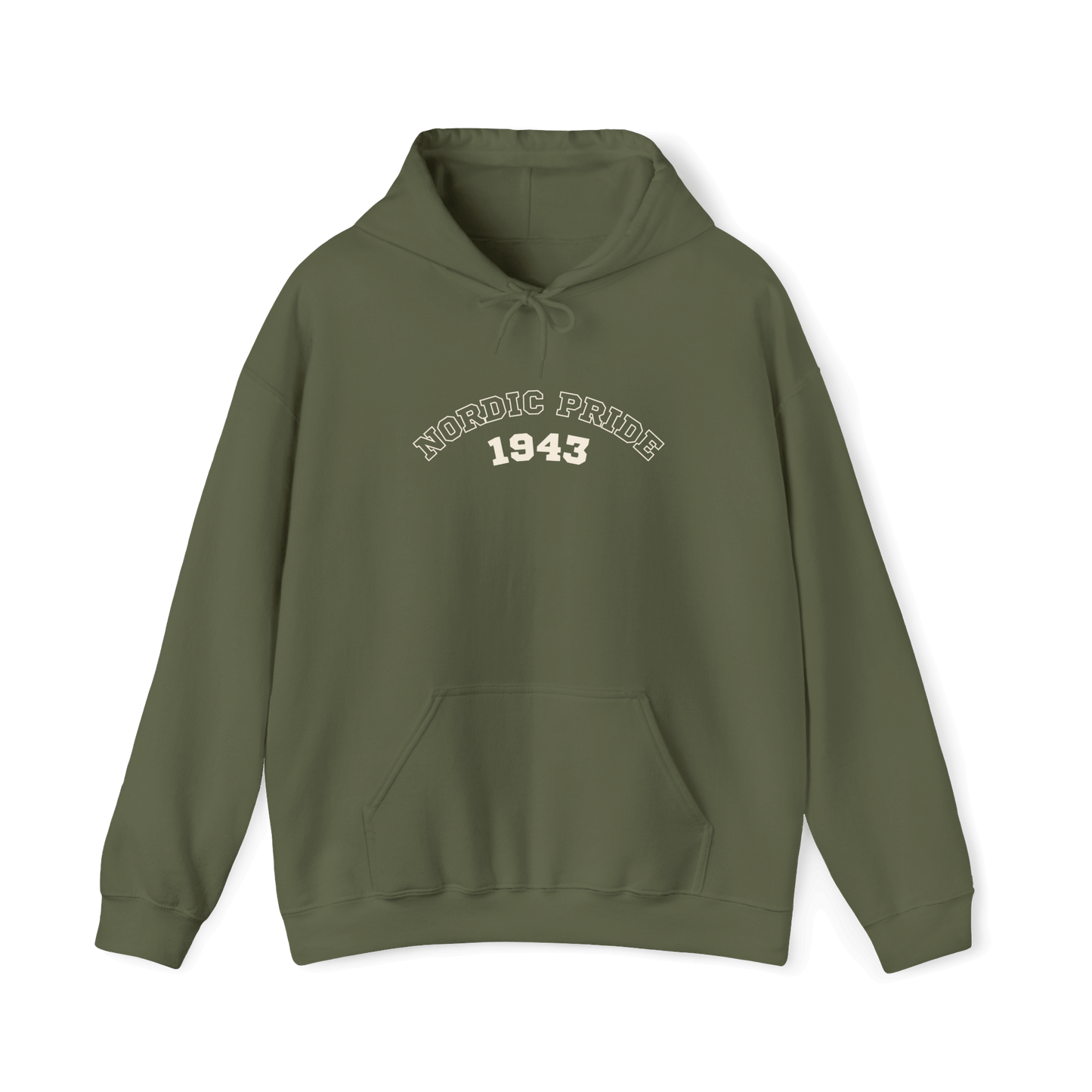 Swedish Vallhund hoodie in olive green with "NORDIC PRIDE 1943" design, relaxed fit for comfort.