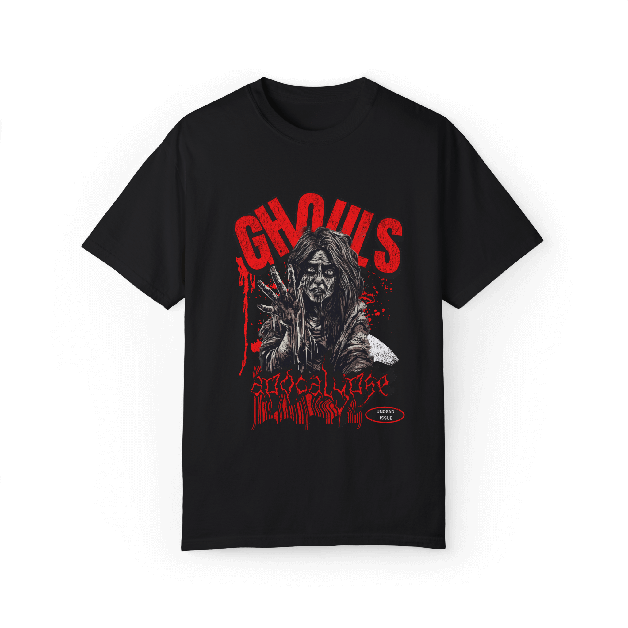Zombie Contagion graphic tee featuring eerie design, bold colors, and horror elements for comfortable unisex wear.