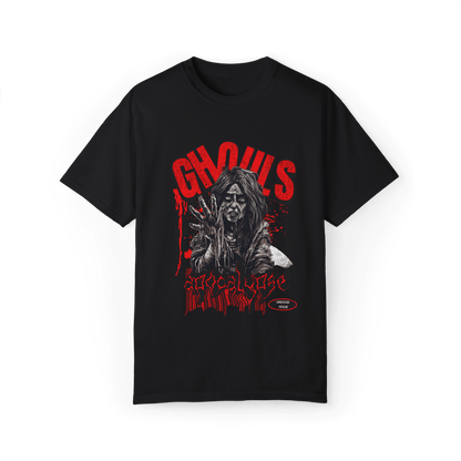 Zombie Contagion graphic tee featuring eerie design, bold colors, and horror elements for comfortable unisex wear.