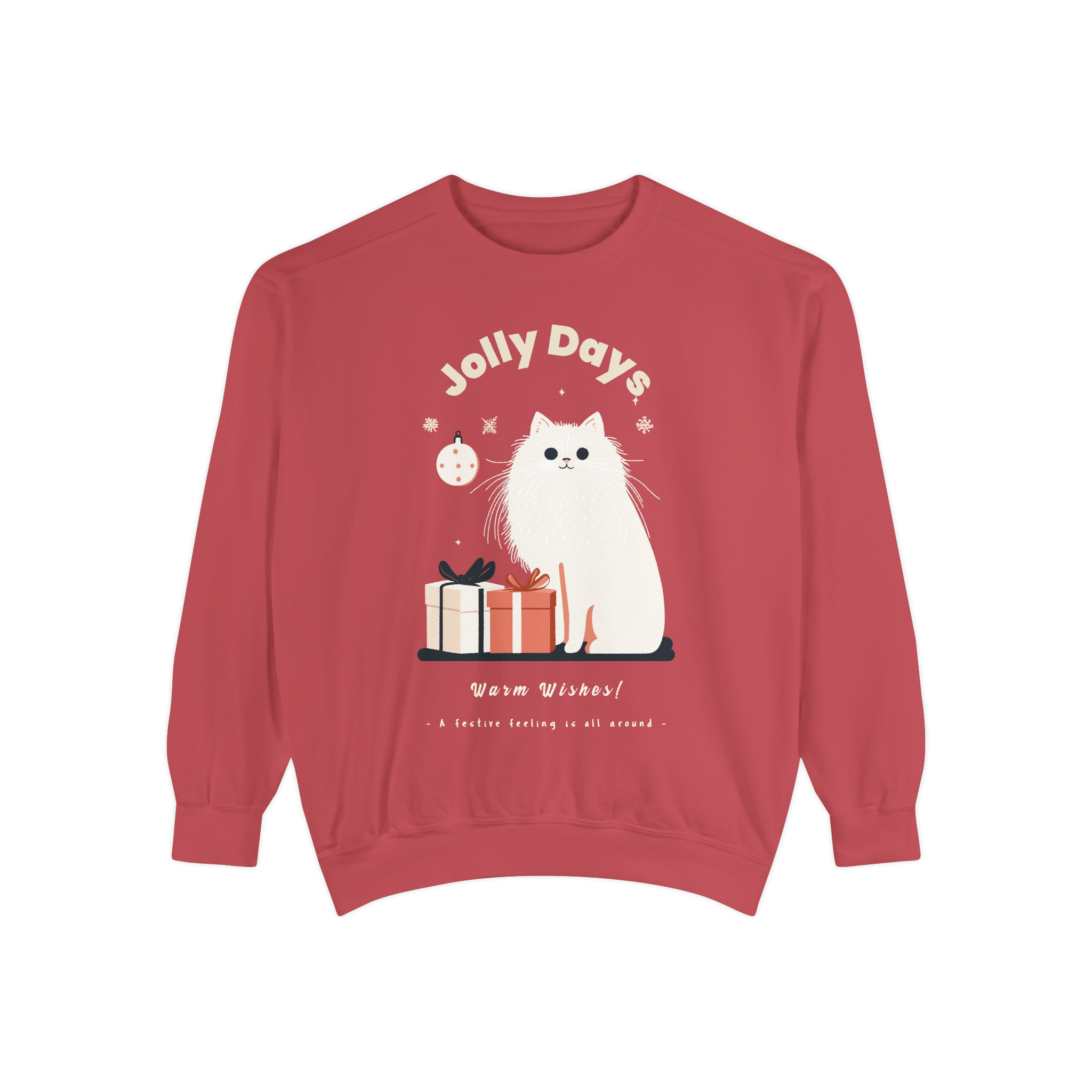 A red Christmas-themed sweatshirt featuring the phrase 