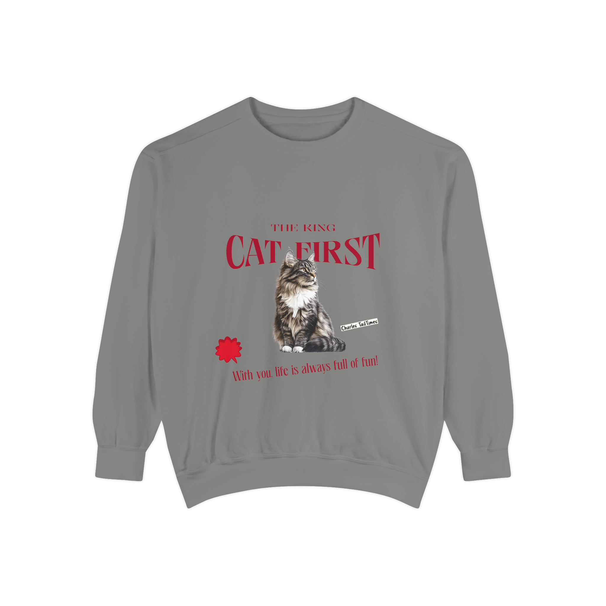 Gray sweatshirt featuring a Maine Coon cat illustration with the text 