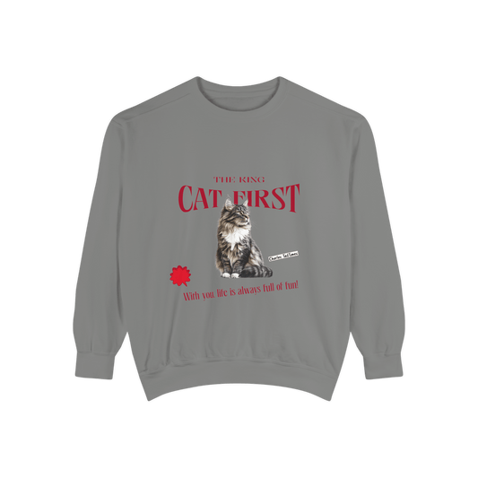 Gray sweatshirt featuring a Maine Coon cat illustration with the text "The King" and "Cat First" in bold red, accompanied by the phrase "With you, life is always full of fun!" and Charles TailTimes branding.