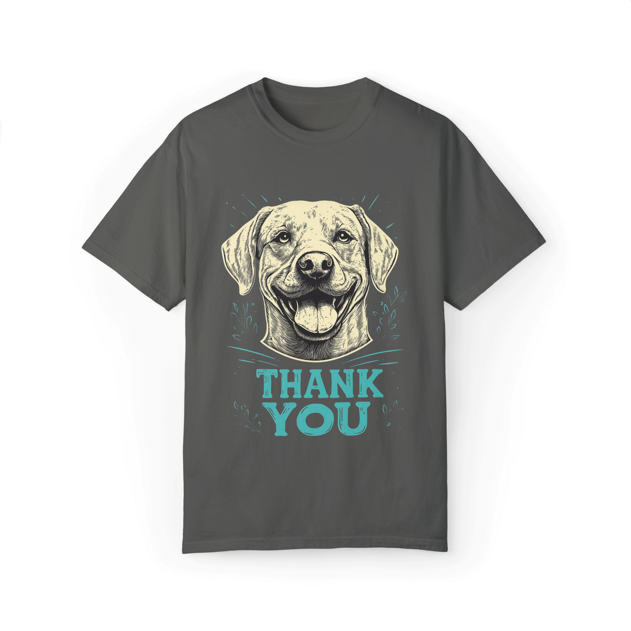 A gray T-shirt featuring a smiling dog illustration with the text 